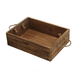 Rustic Brown Wood Storage Crate Open Top Organizer Bin with Rope Handles Small Wooden crate box