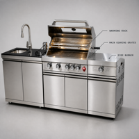 Ensemble barbecue et cuisine extérieure en acier inoxydable avec brûleur latéral et évier, îlot barbecue modulaire pour patio et jardin