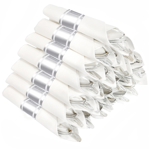 Food Grade Spoons Forks and Knives Disposable Pre-rolled Napkin Plastic Silvery Cutlery Set