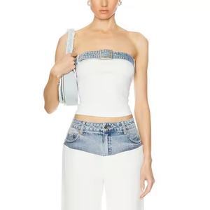 Nuevo Conjunto de Mezclilla para Mujer: Top Corto sin Tirantes con Escote Sexy y Jeans de Pierna Ancha de Talle Alto con Lavado Ácido - Product Image 1