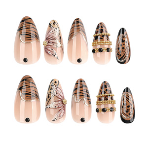 Faux ongles à presser automne-hiver, motif léopard, fleurs 3D, forme amande, couverture complète, prêts à poser - Product Image 5