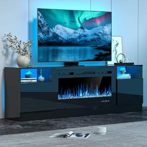 Built-In <strong>Electric</strong> Fireplace Entertainment Center <strong>TV</strong> Cabinet Media Console with Wooden and Glass <strong>Stand</strong> for Living Room - Product Image 1