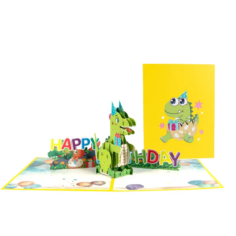 Novo cartão pop-up de aniversário 3D criativo com desenho de dinossauro fofo para crianças