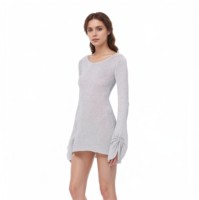 Silbergrau Schimmerndes Rundhals-Kleid mit Trompetenärmeln und Raffungen, Super Mini Bodycon-Kleid