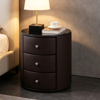 Table de chevet ronde intelligente avec lumière LED et chargeur sans fil, 3 tiroirs, cadre en bois massif, table de chevet en cuir, armoire de rangement pour chambre à coucher