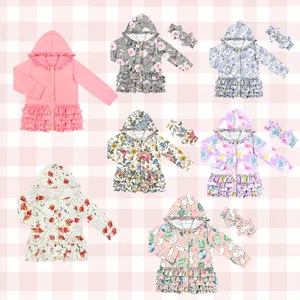 Yiwu yiyuan garment girl coat wholesale brushed milk silk floral print long sleeve hooded button coat for baby girl little kids