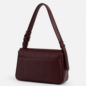 Sac à bandoulière en cuir PU pour femme, bordeaux, texture chevrons, avec rabat et poignée supérieure, sangle tressée, style bandoulière, sac de mode quotidien - Product Image 3