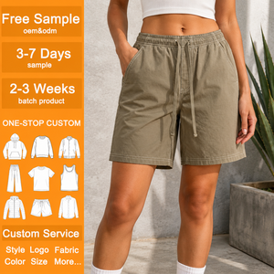 Wholesale <strong>Ladies</strong> <strong>Khaki</strong> Contrast Stitch Casual Drawstring <strong>Shorts</strong> Custom Elastic Waist Knee Length Summer <strong>Shorts</strong> - Product Image 1