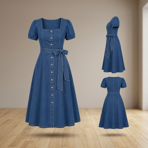 Robe Courte Trapèze en Jean Bleu pour Femme avec Manches Bouffantes, Ceinture à Nœud, Ourlet Évasé Uni, Idéale pour l'Été - Product Image 2