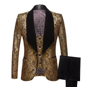 Smoking vestido de baile para homens, traje de três peças com estampa floral, dourado, slim fit, fantasia, traje de baile