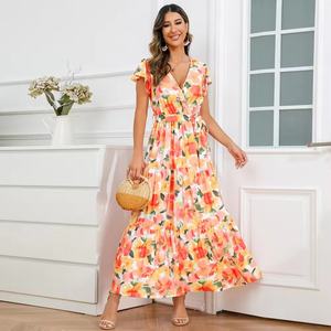 Robe longue florale ample et tendance pour femme, style européen et américain, col en V, à volants, pour l'été - Product Image 2