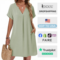 Robe de plage décontractée à imprimé floral élégant, col en V, coupe ample, manches courtes, avec poches