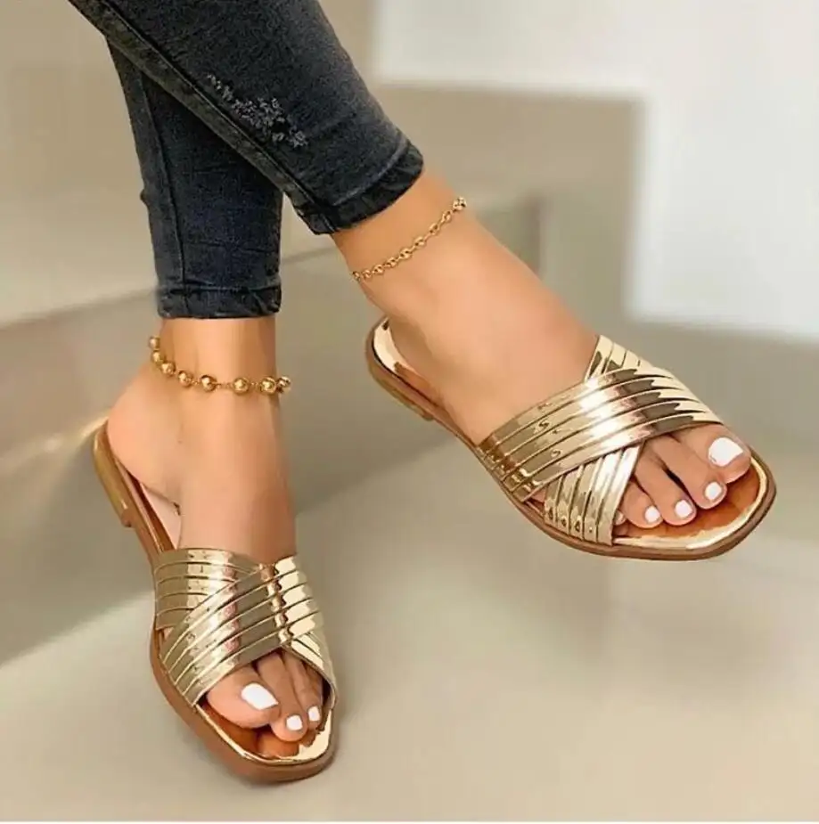 ELS053 Slippers Beach Summer Shoes Bling Gold Female Flat Slides Outdoor Women Shoes Casual Ladies Sandals Plus Size 35-43