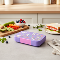 Boîte à lunch Bento réutilisable en plastique sans BPA, imprimé dessin animé, 4 compartiments, à un seul niveau, anti-fuite, pour filles et enfants