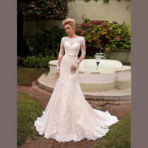 White Mermaid Lace Wedding Dress O-Neck Backless Long Sleeve Natural Waistline 2026 European American Style - Product Image 2