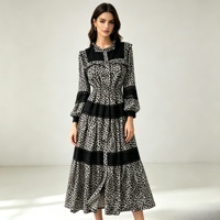 Robe midi pour femme à imprimé léopard, col rond, manches longues bouffantes, patchwork noir, taille en dentelle, ourlet étagé, décontractée, printemps automne