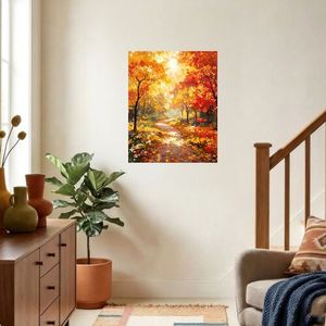 Impression sur panneau Paysage forestier d'automne, Art mural rectangulaire beige sans cadre fait main, Design minimaliste, Taille moyenne - Product Image 2