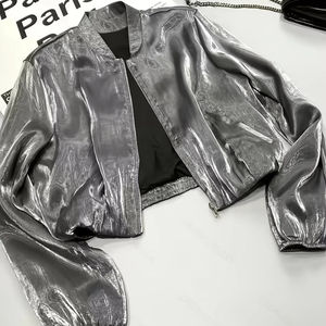 Chaqueta Casual de Primavera/Otoño, Moderna, Estilo Hip Hop, Corta, Delgada, Transpirable, Antiarrugas, con Cremallera, Textura Brillante, Top para Mujer - Product Image 1