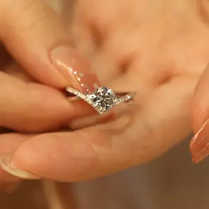 Anel de diamante de corte redondo, 1ct de laboratório, criado em ouro branco, anel de diamante de noivado