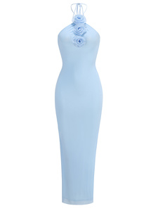 Evening Party Club <strong>Dresses</strong> <strong>Sexy</strong> Halter Neck 3D Flower Pencil Long <strong>Dress</strong> Women Light <strong>Blue</strong> Spaghetti Strap Cashmere Vacation Style - Product Image 1