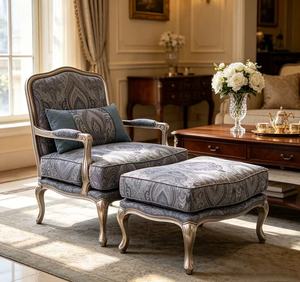 Luxury French Paisley Armchair & Ottoman Set, Upholstered Living Room Accent Chair with Silver <b>Frame</b> - Product Image 4