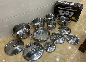ชุดเครื่องครัวสแตนเลสเยอรมันแบบเป็นมิตรกับสิ่งแวดล้อม 12 ชิ้น ขายส่ง ประกอบด้วยกาต้มน้ำ หม้อซุป กระทะทอด และอุปกรณ์ทำอาหาร - Product Image 2