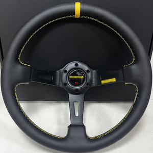 Para <span class=keywords><strong>volante</strong></span> <span class=keywords><strong>deportivo</strong></span> <span class=keywords><strong>MOMO</strong></span> de 350mm y 14 pulgadas con costuras amarillas de cuero genuino y radios negros de cono profundo de 90mm para automóviles - Product Image 2