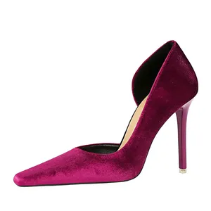 European and American style banqueting thin heeled high heeled Xi Shi suede shallow cut square toe side hollowed out single shoe