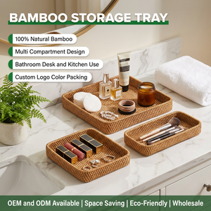 Plateau de rangement multi-compartiments en rotin, organisateur polyvalent, plateau ajustable en bambou pour couverts, idéal pour la salle de bain - Product Image 1