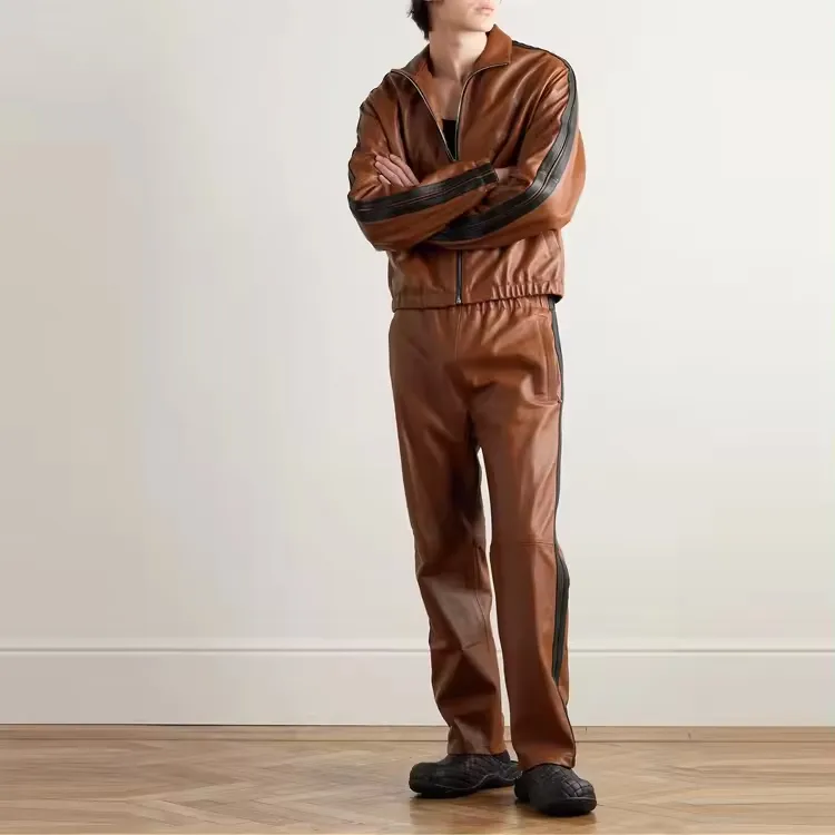 Высокое качество на заказ осень вышивка коричневая мода высокого качества искусственная винтажная мужская кожаная куртка