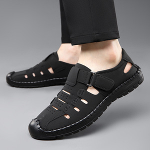 Men's Genuine Leather Closed Toe <b>Flat</b> <b>Sandals</b> Breathable Hook Loop Casual Summer Outdoor Driving Shoes - Product Image 1