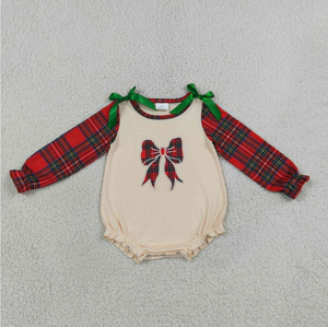 Conjunto de pijama de manga larga con lazo a cuadros de algodón para niñas, conjunto de top y pantalones navideños para niños pequeños - Product Image 4