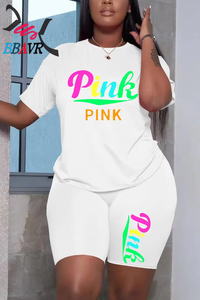 Hot <b>Plus</b> <b>Size</b> 4xl 5xl Women Summer Clothing Outfit Casual Letter pink Print Brand Two Piece Short Set for Women - Product Image 4