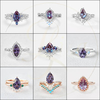 Ensemble de bagues de couple personnalisées en argent sterling 925 plaqué or avec moissanite verte alexandrite taille poire, bijoux de mariage pour femmes et hommes