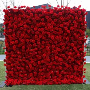 SN-D001 en gros fleur rouge toile de fond décoration murale 3d 8ft x 8ft Roses artificielles enrouler fleur mur toile de fond