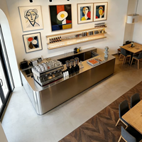 Comptoir de bar en acier inoxydable, bois massif et métal pour café/cocktails/glace/desserts, éclairage LED, finition vernie personnalisable