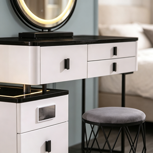 Black <b>Gloss</b> Top Vanity Set Round LED Ring Mirror 3 <b>Drawer</b> Side <b>Chest</b> Diamond Metal Frame Grey Cushion Stool Bedroom Makeup Desk - Product Image 3