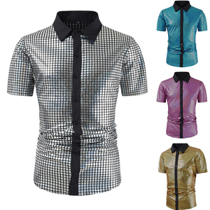 Chemises pour hommes à boutons, paillettes, manches courtes, années 70, discothèque, costume de cosplay, argenté métallique, polos de performance pour hommes - Product Image 1