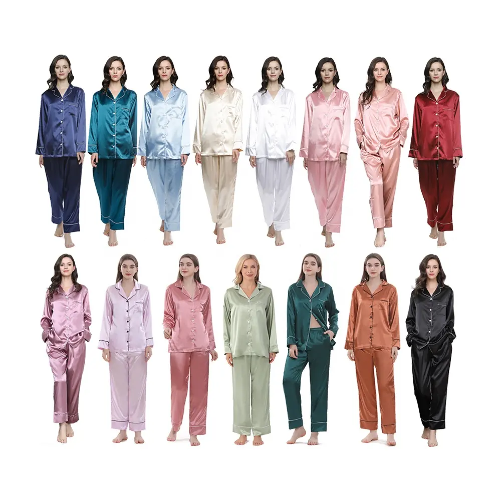 Lengan panjang warna polos dan Celana untuk wanita, Set baju tidur Satin sutra kualitas tinggi