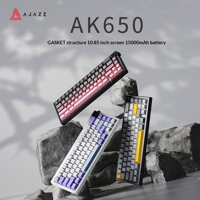 AJAZZ AK650 Mechanical Keyboard, Tri-Mode Wireless Gaming 65% Gasket Mount, with Screen & Knob, Side-Printed Gradient Keycaps