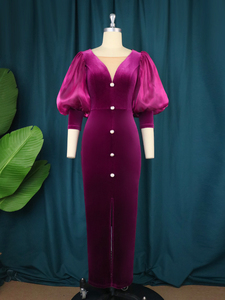 Abiti da sera donna <span class=keywords><strong>impero</strong></span> collo a V profondo monopetto con maniche a sbuffo tessuto Chiffon all'uncinetto - Product Image 4