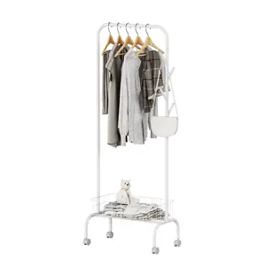 Factory Modern White Cloth Stand Multifunction Wheeled Coat Rack With Basket Household Metal Storage Garment Clothing Rack