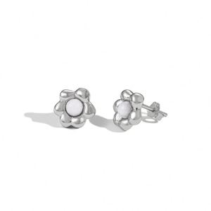 Dylam Stylish Tiny Women 925 Sterling Silver Rhodium 18K Gold Plated Flower Shape <b>Black</b> Agate <b>Stud</b> <b>Earrings</b> - Product Image 1