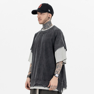 MT2636 Custom Streetwear <b>Patchwork</b> Double Layer 300 Gsm Vintage Oversized TShirt Men Washed Black T <b>Shirts</b> - Product Image 4