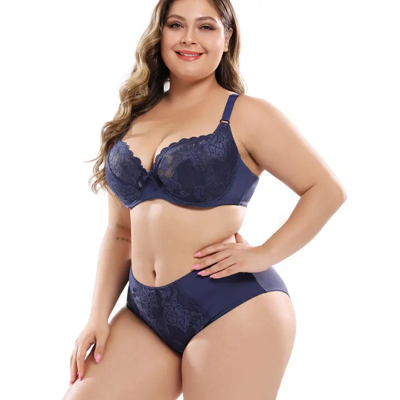Breathable Big Slim lace 2 piece plump Fat Women Push Up large plus size bra and panties set fixed shoulders with underwire