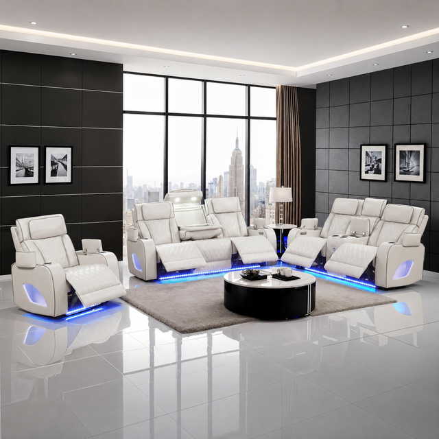 Modern Home Theater Power Recliner Sofa Set with Bluetooth Speakers LED Lights Wireless Charging and Storage Console