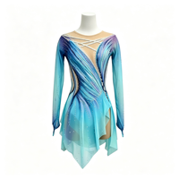Robe de patinage artistique à manches longues dégradé bleu-violet, dos évidé, ornée de strass, pour filles et femmes adultes