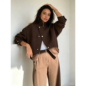 Ensemble de tenue 2 pièces pour femmes, veste bomber boutonnée à col montant et pantalon large à taille haute, ensemble assorti décontracté - Product Image 4