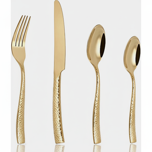 Juego de cuchillos y cubertería de acero inoxidable chapado en oro, espejo dorado mate pulido, con apariencia martillada - Product Image 1