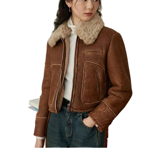 Giacca da motociclista da <span class=keywords><strong>donna</strong></span> con fodera Sherpa da <span class=keywords><strong>donna</strong></span> in camoscio ispessito con capospalla in pelle con risvolto in pelliccia di visone - Product Image 1